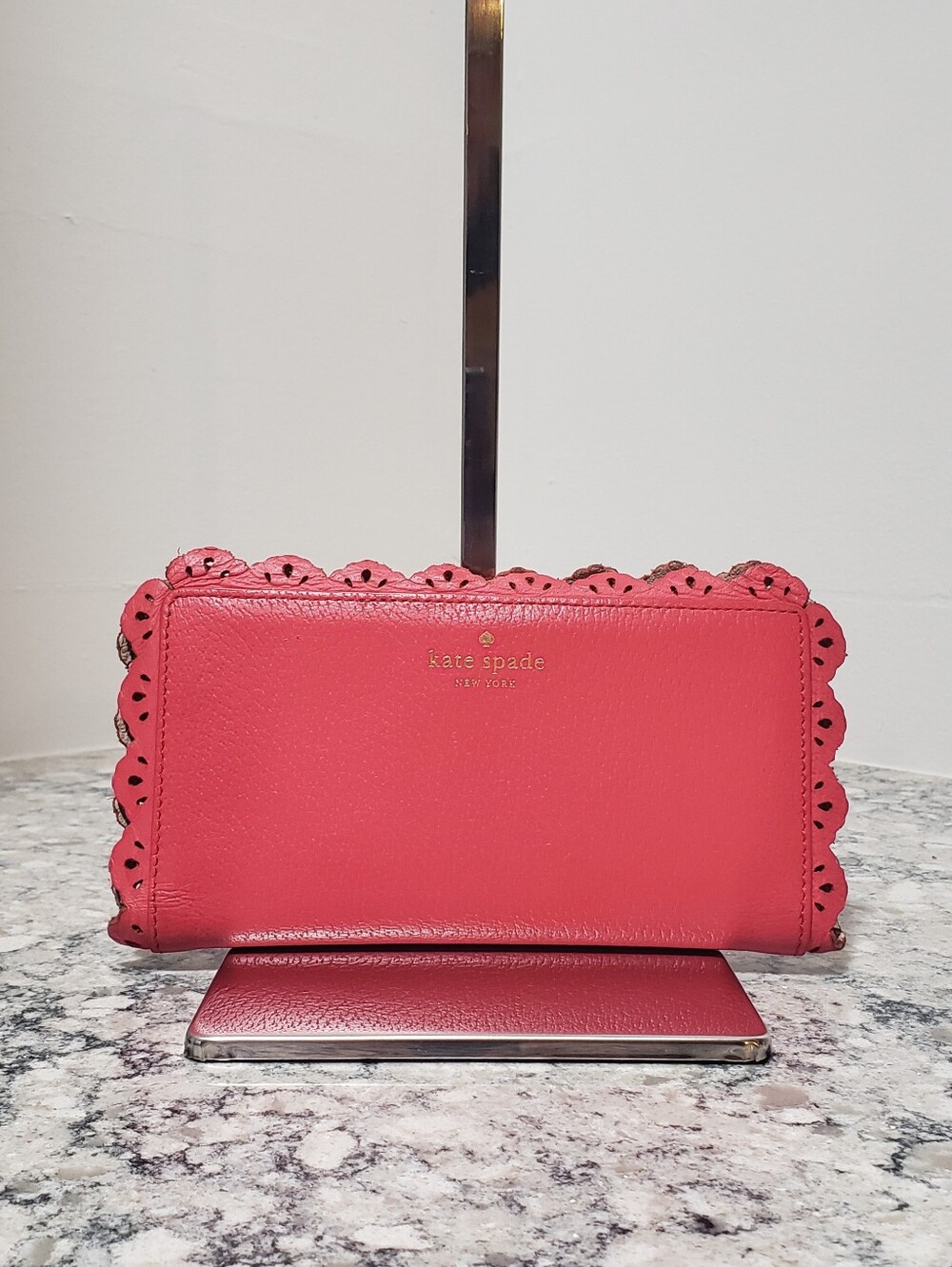Kate Spade New York Coral Pink Scalloped Lace Trim Leather Wallet
